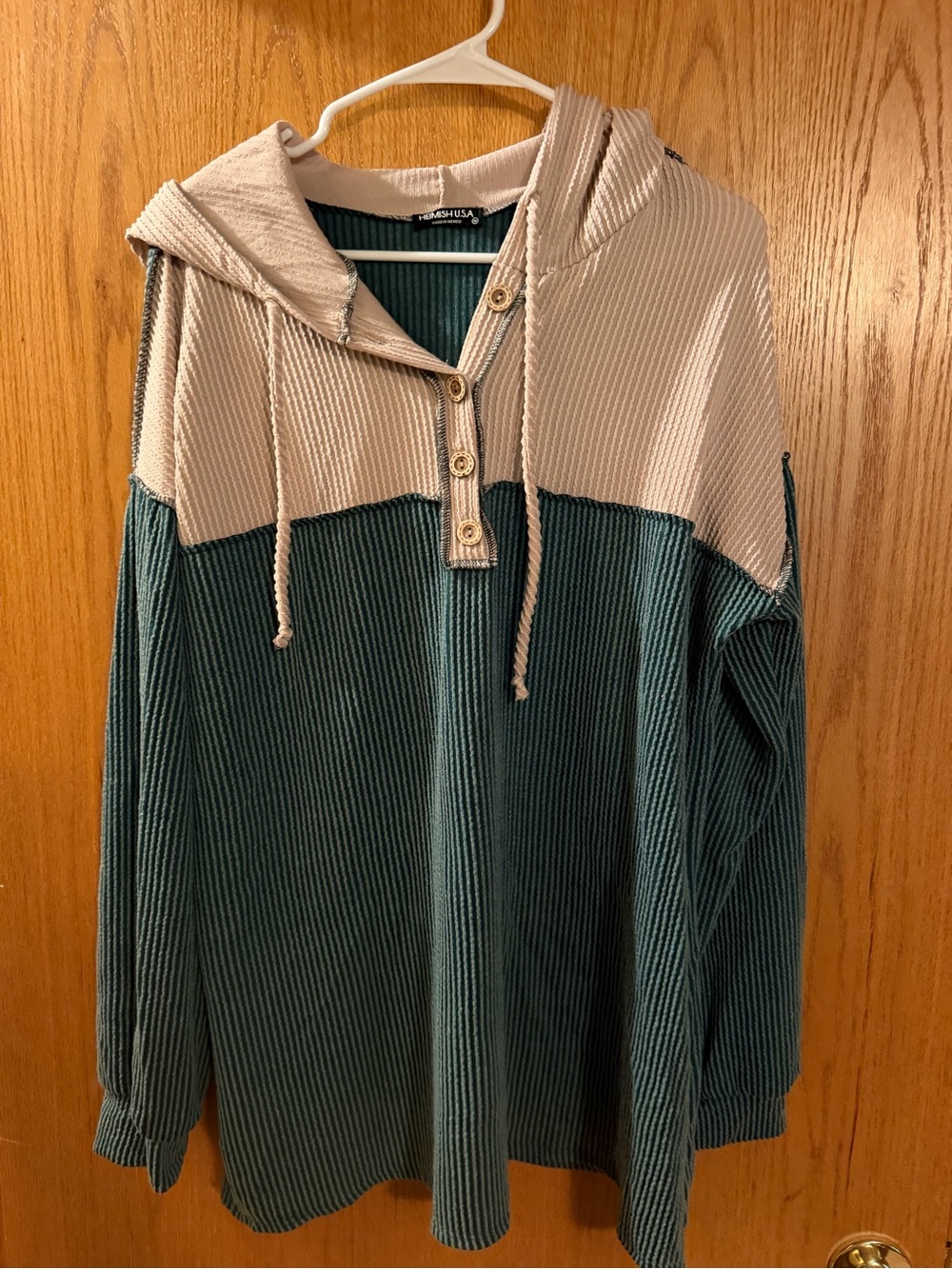 HEIMISH USA Two-Tone Zip-Up Hooded Sweater - Teal and Cream